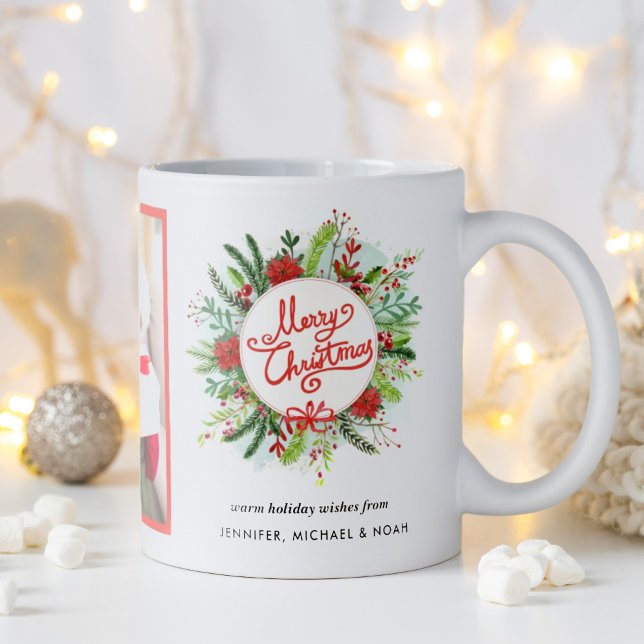 Merry Christmas Watercolor Poinsettia Wreath Photo Coffee Mug (Merry Christmas tradition with a watercolor wreath. Personalize with photo and names. )