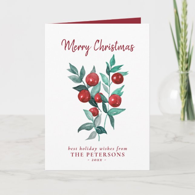 Merry Christmas Watercolor Red Berries Card (Front)