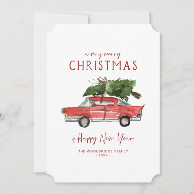 Merry Christmas | Watercolor Red Car Holiday Card (Front)