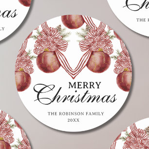 Merry Christmas Watercolor Red Striped Ornament Classic Round Sticker