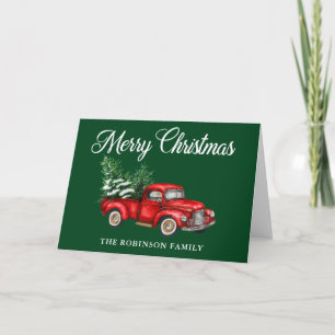 Merry Christmas Watercolor Red Truck Green Fold Card