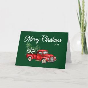 Merry Christmas Watercolor Red Truck Green Year Card