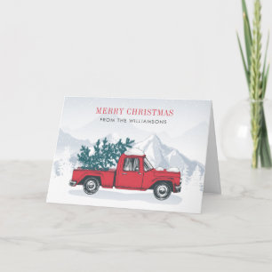 Merry Christmas Watercolor Red Truck Happy Holiday Card