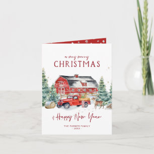 Merry Christmas   Watercolor Red Truck Holiday