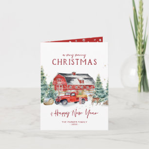 Merry Christmas Watercolor Red Truck Holiday Card