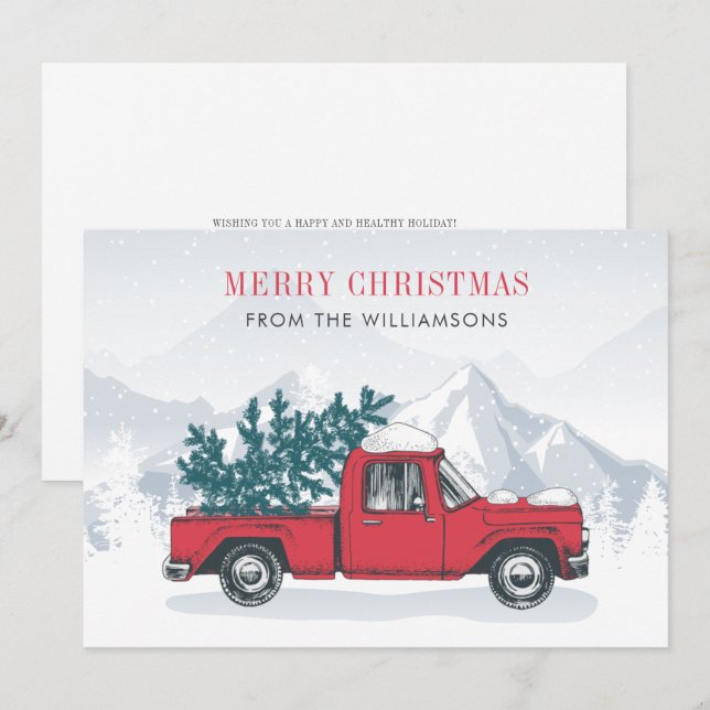 Merry Christmas Watercolor Red Truck Holiday Card (Front/Back)