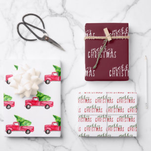 Merry Christmas Watercolor Red Truck Vintage Wrapping Paper Sheet