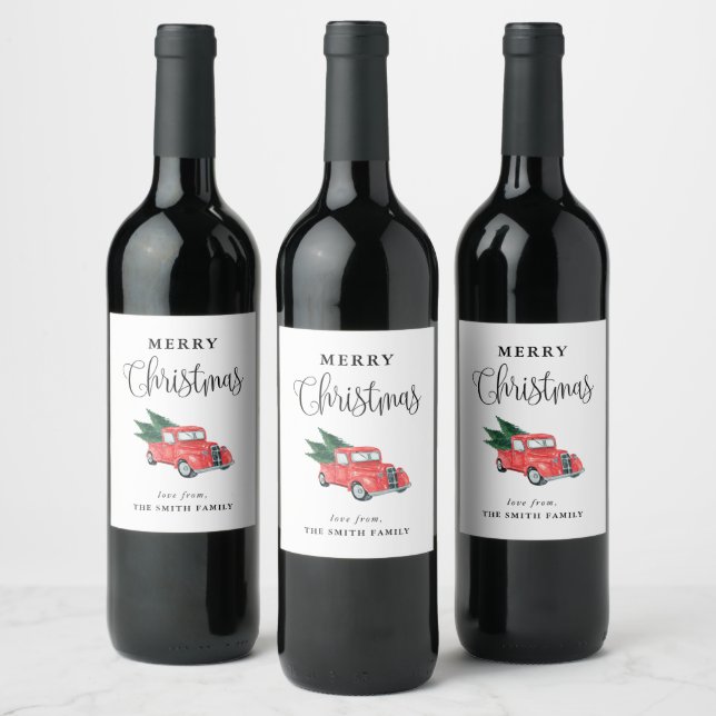 Merry Christmas Watercolor Red Truck Wine Label (Bottles)