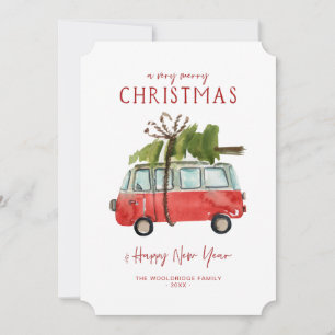 Merry Christmas   Watercolor Red Van Holiday Card