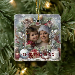Merry Christmas Watercolor Rustic Photo  Ceramic Ornament