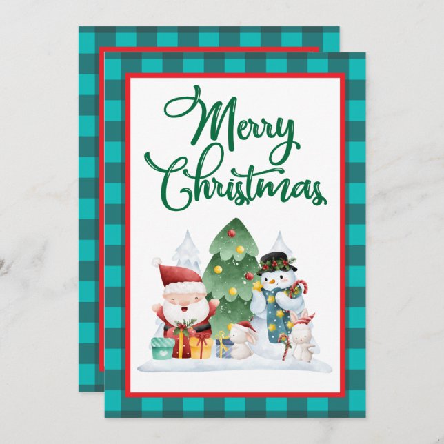 Merry Christmas Watercolor Santa and Snowman Holiday Card (Front/Back)