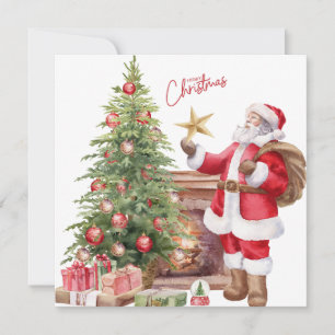 Merry Christmas Watercolor Santa, Christmas Tree  Holiday Card