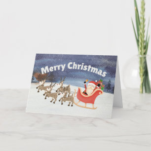 Merry Christmas Watercolor Santa Sleigh Holiday Card