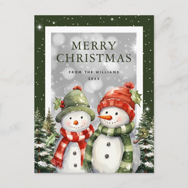 Merry Christmas Watercolor Snowman Holiday Postcard (Front)