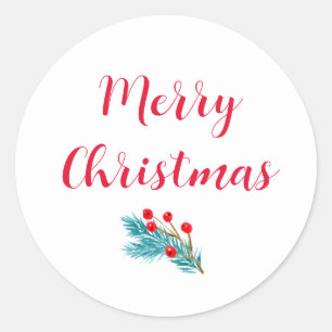 Merry Christmas Watercolor Spruce and Red Berries Classic Round Sticker