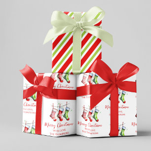 Merry Christmas Watercolor Stockings Custom Wrapping Paper Sheet
