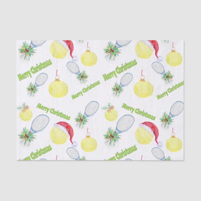 Merry Christmas Watercolor Tennis Balls & Rackets Tissue Paper (Front)