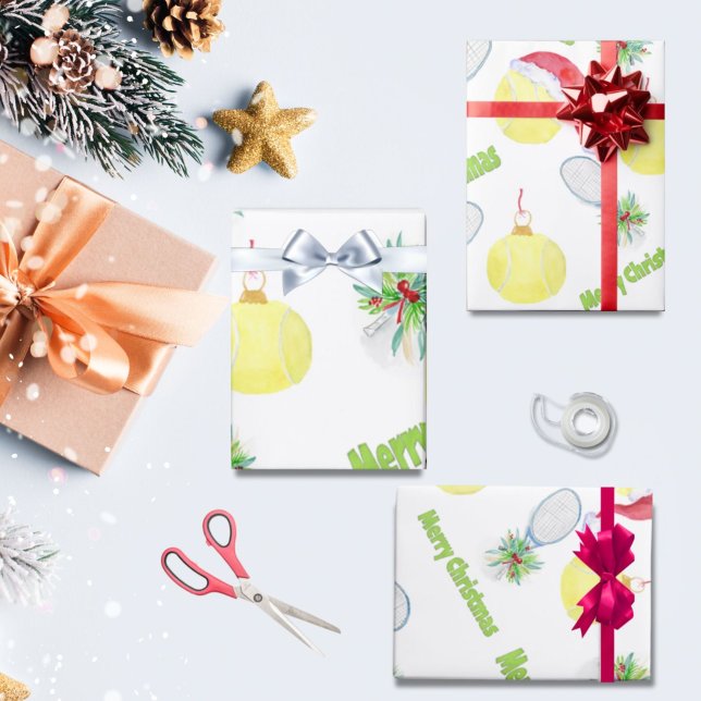 Merry Christmas Watercolor Tennis Racket And Balls Wrapping Paper (Creator Uploaded)