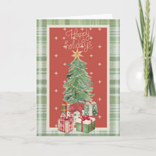 Merry Christmas Watercolor Tree and Plaid Holiday  Card