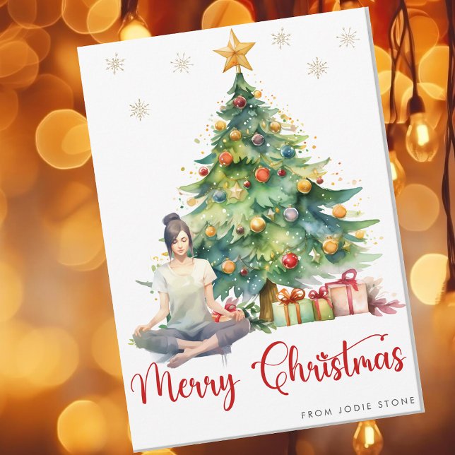 Merry Christmas  watercolor tree and yoga girl Holiday Card (Creator Uploaded)