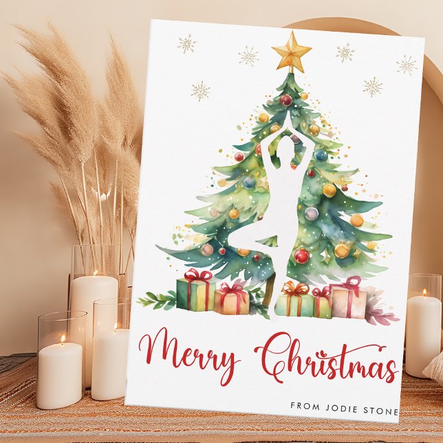Merry Christmas  watercolor tree and yoga girl Holiday Card (Creator Uploaded)