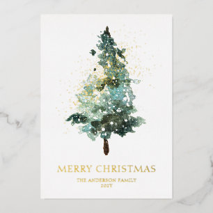 Merry Christmas Watercolor Tree Foil Holiday Card
