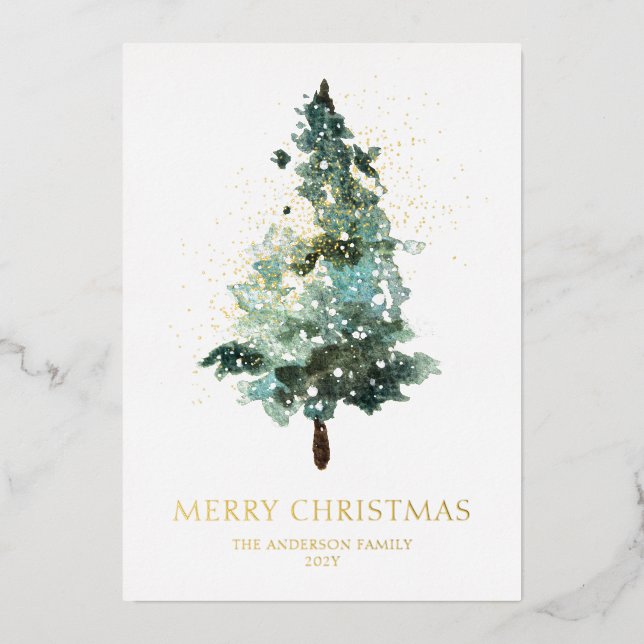 Merry Christmas Watercolor Tree Foil Holiday Card (Front)