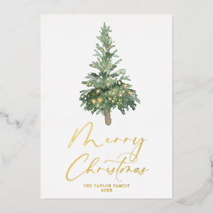 Merry Christmas Watercolor Tree Gold Foil Boho Foil Holiday Card