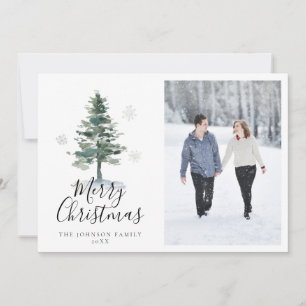 Merry Christmas Watercolor Tree Snow Photo Holiday Card