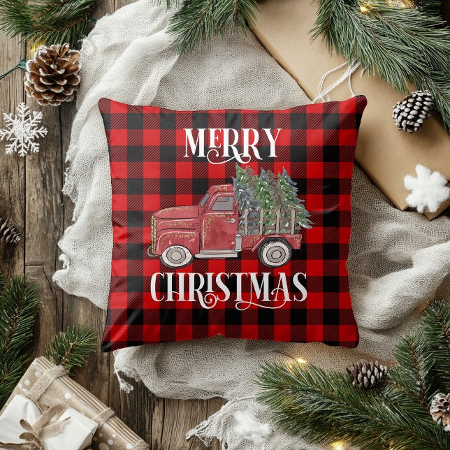 Merry Christmas Watercolor Truck Buffalo Plaid Cushion (Creator Uploaded)
