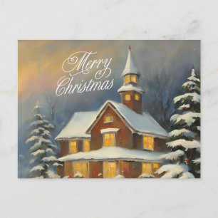 Merry Christmas Watercolor Vintage House Holiday Postcard