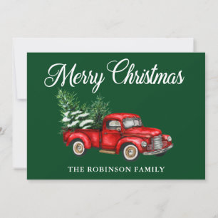 Merry Christmas Watercolor Vintage Red Truck Green Holiday Card