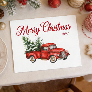 Merry Christmas Watercolor Vintage Red Truck Year Postcard