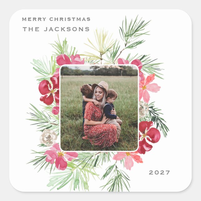 Merry Christmas Watercolor Winter Botanical Wreath Square Sticker (Front)