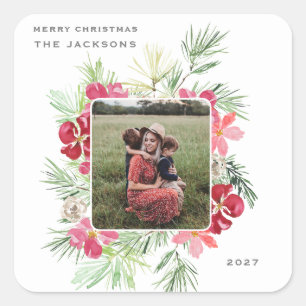 Merry Christmas Watercolor Winter Botanical Wreath Square Sticker