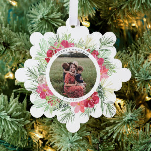 Merry Christmas Watercolor Winter Botanical Wreath Tree Decoration Card