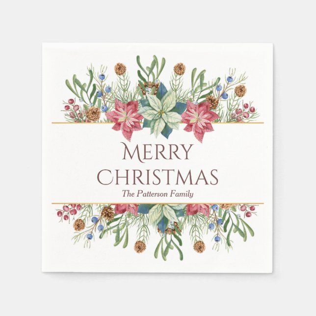 Merry Christmas Watercolor Winter Flowers Name Napkin (Front)