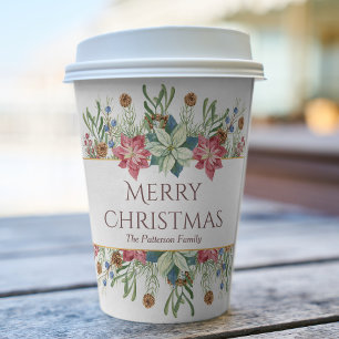 Merry Christmas Watercolor Winter Flowers Name Paper Cups