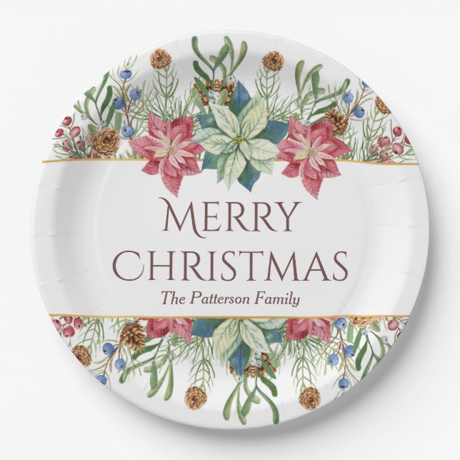 Merry Christmas Watercolor Winter Flowers Name Paper Plate (Front)