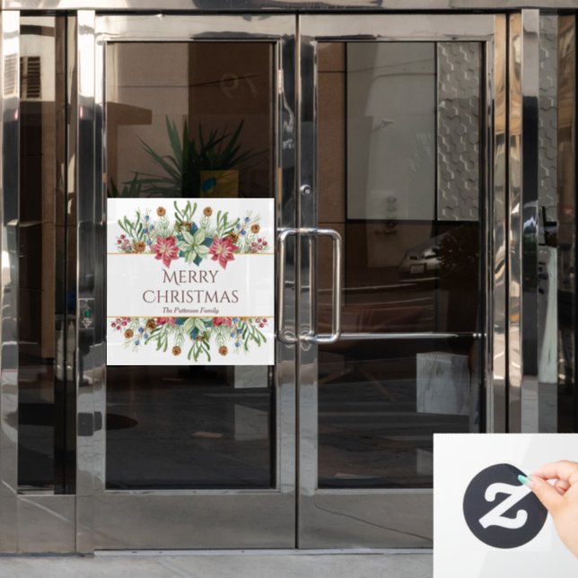 Merry Christmas Watercolor Winter Flowers Name Window Cling (Office Door)