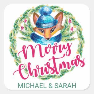 Merry Christmas Watercolor Winter Fox Square Sticker