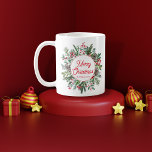 merry christmas watercolor winter greenery chic coffee mug<br><div class="desc">elegant vintage merry christmas winter greenery red calligraphy  mug</div>