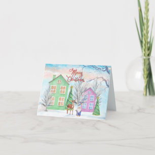 Merry Christmas Watercolor Winter Illustration Card