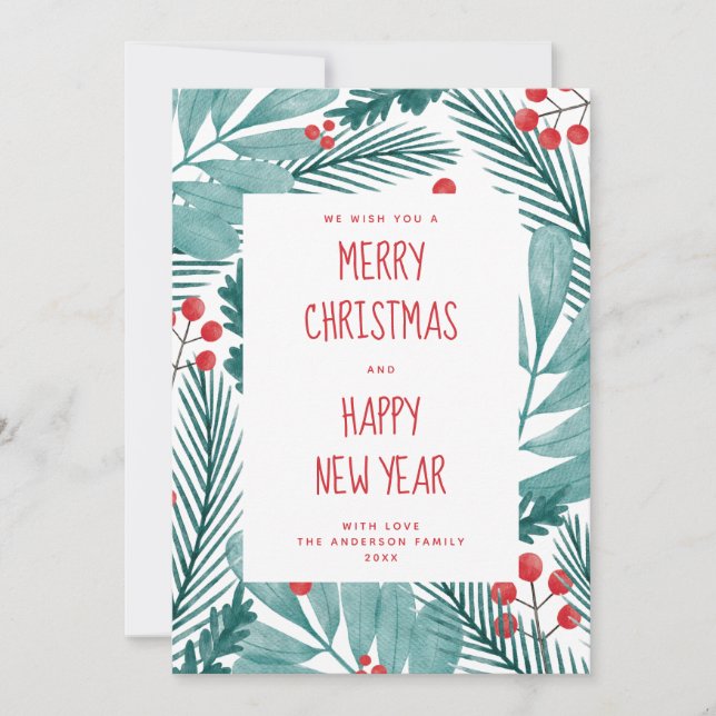 Merry Christmas. Watercolor winter pines & floral Holiday Card (Front)