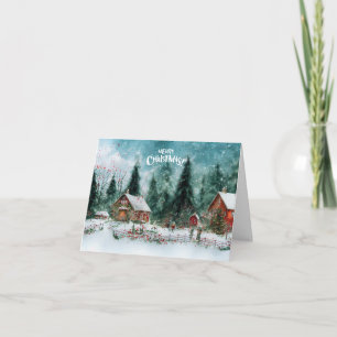 Merry Christmas Watercolor Winter Village  Card