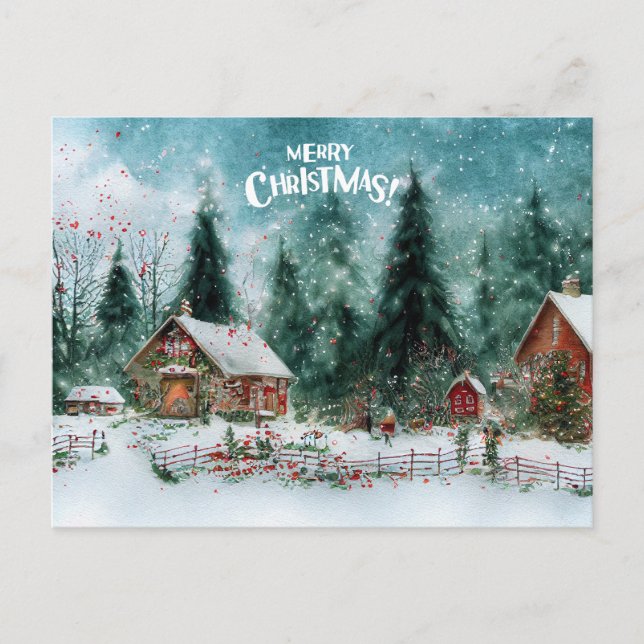 Merry Christmas Watercolor Winter Village  Holiday Postcard (Front)