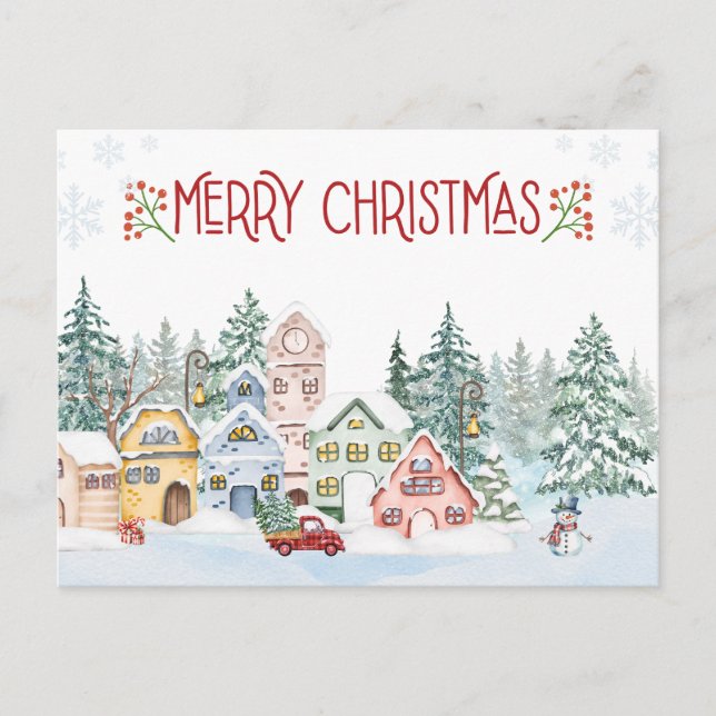 Merry Christmas Watercolor Winter Village  Holiday Postcard (Front)