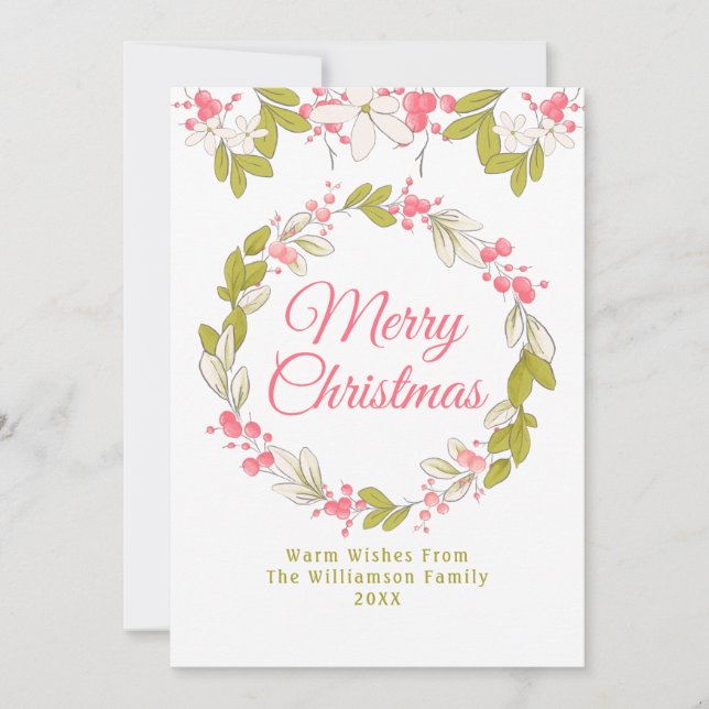 Merry Christmas Watercolor Wreath and Berries Invitation (Front)