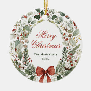Merry Christmas Watercolor Wreath Bow and Photo Ceramic Tree Decoration