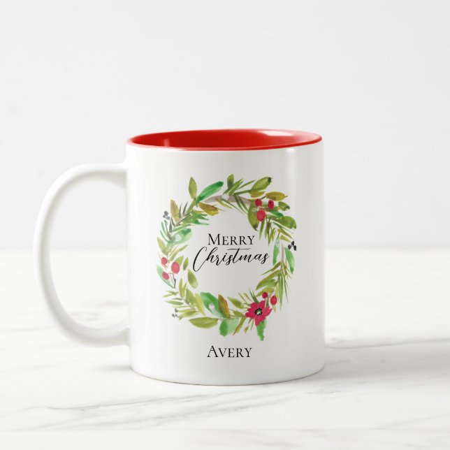 Merry Christmas Watercolor wreath Custom Two-Tone Coffee Mug (Left)